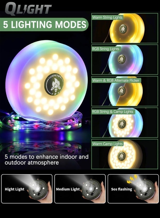 QLIGHT Camping String Lights, 4 in 1 Outdoor Camping Lantern with 8 Lighting Modes(32.8Ft), Quick 30s Recovery, Waterproof, Type-C Fast Charging, Portable Camping Lights for Camping/Yard/Hiking - Image 2